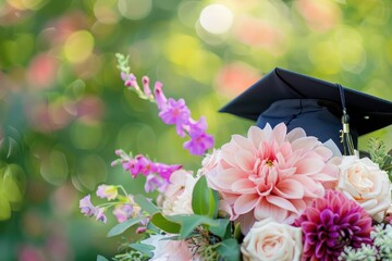 Graduation Cap Surrounded by a Colorful Flower Bouquet