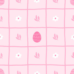 Seamless vector illustration featuring cute Easter eggs with pastel decorations, flowers, and festive symbols, perfect for children s clothing, holiday wrapping paper, and spring-themed designs