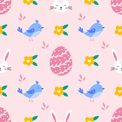 Seamless vector pattern featuring Easter bunnies, eggs, and flowers in soft pastel tones, perfect for children s clothing, wrapping paper, and spring holiday decor