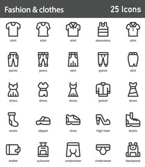 Fashion and Clothes Line Icons Set. 25 outline vector icons depicting apparel, clothing items, accessories, fashion trends, and wardrobe essentials. Editable stroke vector illustration.
