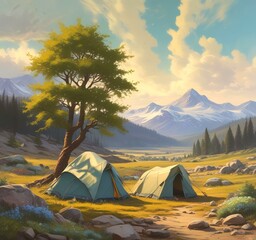 Illustration of camping with tant and wild landcape.