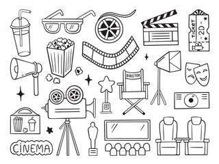 Doodle cinema elements. Movie film tape, popcorn basket, clapperboard. Shooting process sketch, theater entertainment symbols neoteric vector set