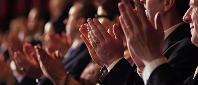 Business professionals applauding at a corporate event in natural light