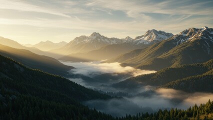 Breathtaking mountain landscape at sunrise, enveloped in fog, showcasing a tranquil and scenic outdoor environment