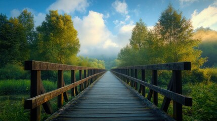 Obraz premium Misty Morning Wooden Bridge Through Forest