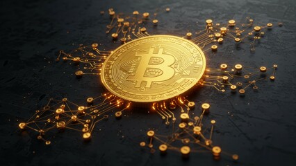 Golden bitcoin coin surrounded by electronic circuits representing cryptocurrency technology and digital finance
