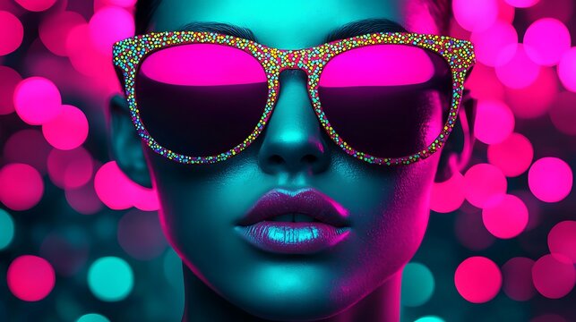 A vibrant portrait of a person wearing stylish, colorful sunglasses, set against a backdrop of bright, blurred lights.