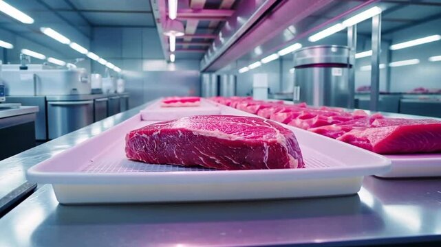 Fresh beef cuts on trays in a modern food processing facility