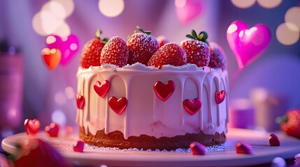 Romantic strawberry cake adorned with hearts for a special celebration