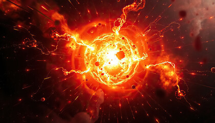 Fiery celestial event illustration featuring central burst of intense light and cosmic debris