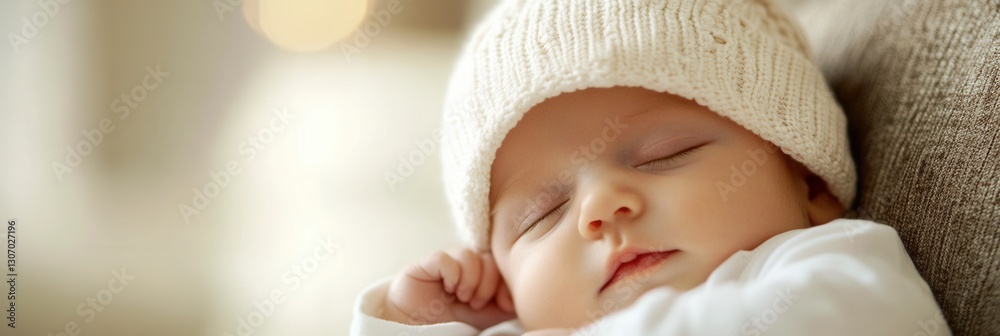 Poster sweet sleeping baby in knitted hat resting peacefully on soft surface in cozy indoor setting generat