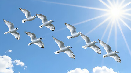 Obraz premium Eight seagulls flying in formation, sunny sky, clouds, freedom concept, perfect for travel brochures