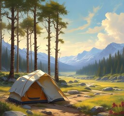Illustration of camping with tant and wild landcape.