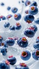 Several blueberries suspended in mid-air, splashes of milk, yogurt isolated on a white background, front close up view. Vibrant, fresh berry. Organic food. Natural dairy products. Motion dynamic scene