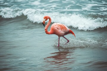 A flamingo walking through water with gentle waves around it.