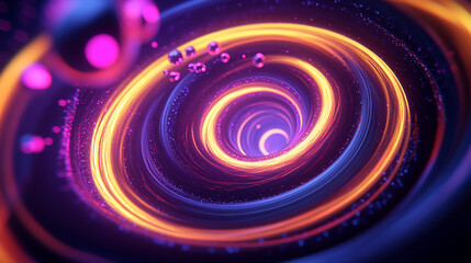 Abstract image of swirling orange and purple light trails creating a vortex effect, symbolizing energy, movement, and cosmic phenomena, ideal for science fiction or technology themes