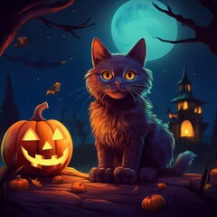 halloween cat with pumpkin