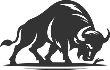 Buffalo in a defensive stance and hooves digging into the ground animal vector silhouette