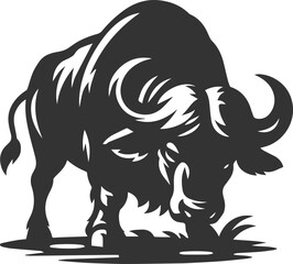 Buffalo in a defensive stance and hooves digging into the ground animal vector silhouette