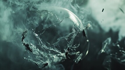 Shattered glass sphere amidst smoke, dark background, abstract concept