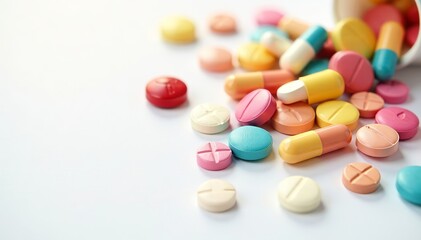 Assorted colorful pills scattered on white background, colorful medicine, prescription, close-up