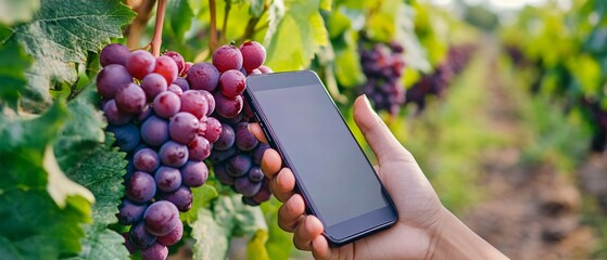 Mobile phone inspecting grapes in hand