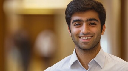 Obraz premium Young Man with Warm Smile Posing in a Bright Environment