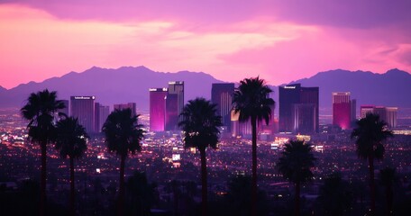 Cityscape Under a Pink Sky: A vibrant cityscape silhouette set against a stunning, painterly sky of pink and purple hues. This image captures the blend of urban life and natural beauty.