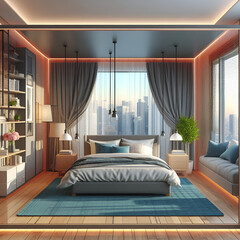  a luxurious and modern bedroom with a breathtaking nighttime view The room features a large bed with elegant bedding, soft pillows, and a cozy blanket draped across it The walls are adorned 