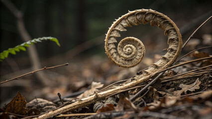 close up of spiral fern frond emerging from forest floor, surrounded by dried leaves and twigs, showcasing intricate patterns and textures of nature