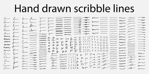 Set of hand drawn line borders, scribble strokes, handwritten font and design elements isolated on white. Doodle style brushes. Monochrome vector eps8 illustration.
