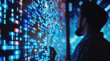 A man observing a digital display of blockchain technology in soft lighting