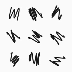Scribble with a black marker. Set of nine doodle style various scribbles. Black hand drawn design elements on white background. Vector illustration