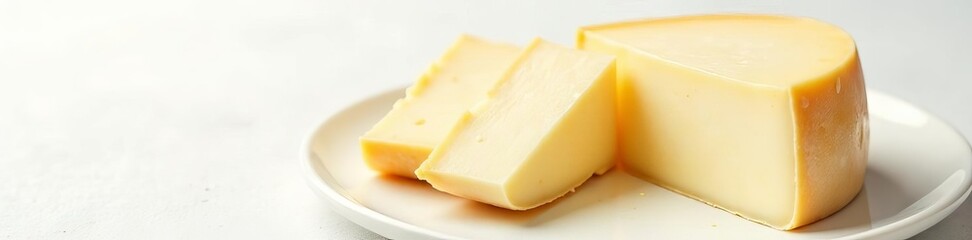 Sliced Camembert, rich, edible rind, pristine white backdrop, food photography, creamy, pieces