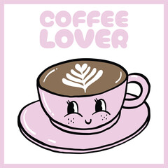 Adorable digital illustration of a pink coffee cup with a smiling face, featuring latte art and 