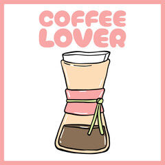 Adorable digital illustration of a Chemex coffee maker with pastel colors, filter paper, and a stylish ribbon, perfect for coffee lovers, Vector