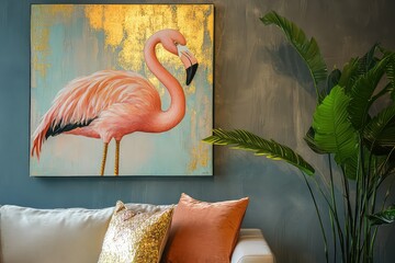 A flamingo with subtle gold accents on its feathers, elegant and refined.