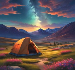 Illustration of camping with tant and wild landcape.