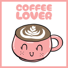 Adorable hand-drawn illustration of a pink coffee cup with a happy face and latte art, Vector