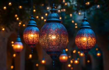 Obraz premium Glowing Intricate Lanterns in a Dimly Lit Festive Setting