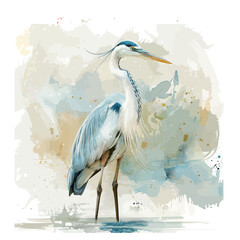 Fototapeta premium Herons in oriental style with cattails, wildlife illustration, vector isolated in vintage watercolor style.