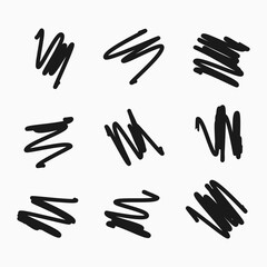 Scribble with a black marker. Set of nine doodle style various scribbles. Black hand drawn design elements on white background. Vector illustration