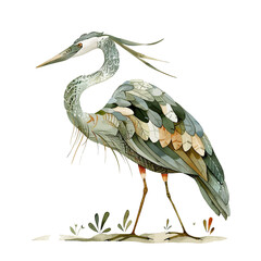 Herons in oriental style with cattails, wildlife illustration, vector isolated in vintage watercolor style.