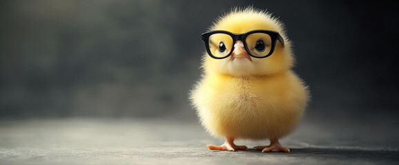 Fluffy yellow chick wearing spectacles, against a gray background, conveying intelligence and cuteness, ideal for educational or children's themes