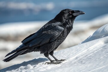 Detailed Portrait of a Raven with Glossy Black Feathers, Isolated on White Background