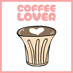 Hand-drawn coffee cup illustration with heart-shaped foam and 