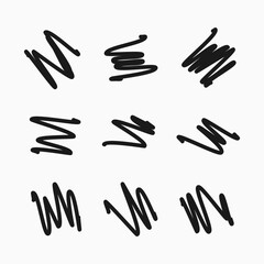Scribble with a black marker. Set of nine doodle style various scribbles. Black hand drawn design elements on white background. Vector illustration