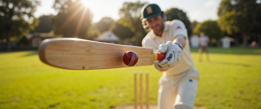 Action shot of a cricket batsman in uniform hitting the ball with motion blur for sports websites and social media - Powered by Adobe