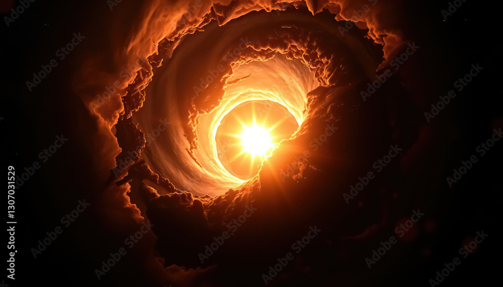 Poster swirling tunnel of clouds is illuminated by brilliant light dramatic celestial scene