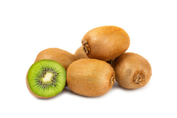 Kiwi isolated on white background. Whole fruit and slices pieces of kiwi on white background. fresh...